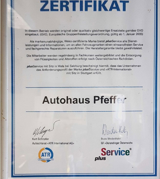 Zertifikat Autohaus Pfeffer 